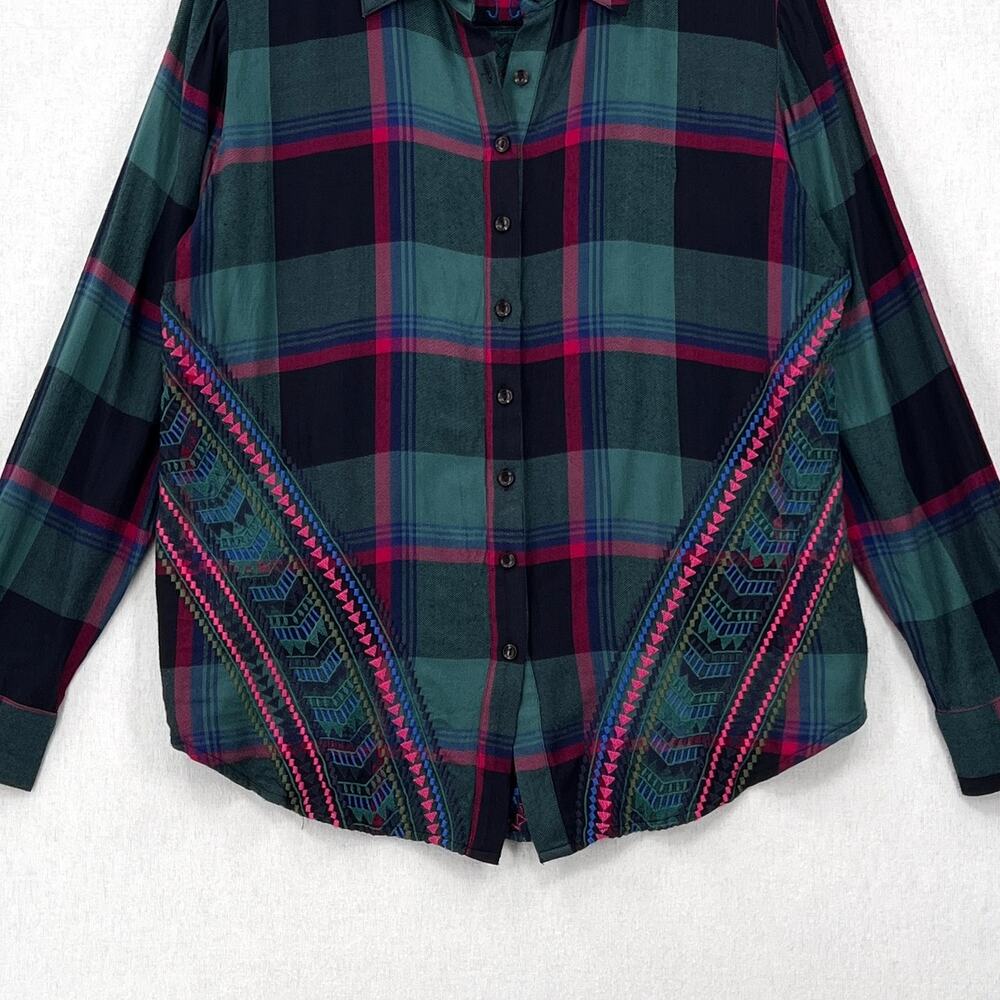 TOLANI COLLECTION Plaid Embroidered Button Up Shirt Womens Medium Green Black - Picture 7 of 16